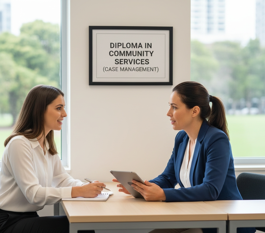 Community Service support worker , professional environment,2 people discussing